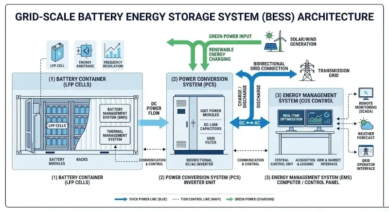 Diagram of grid-scale BESS architecture showing battery, PCS inverter, and EMS controller connected to the grid Diagram of grid-scale BESS architecture showing battery, PCS inverter, and EMS controller connected to the grid